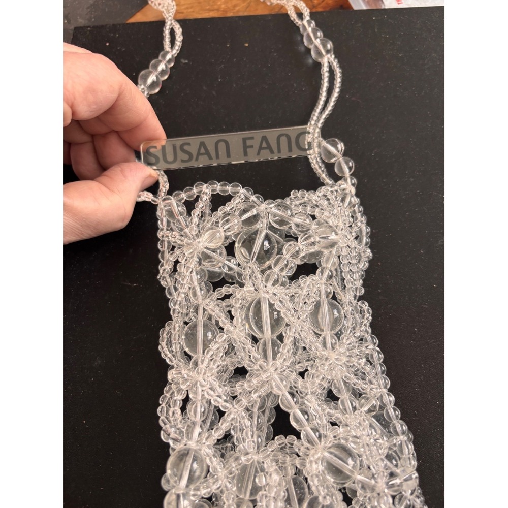Susan Fang Clear Bubble Net Beaded Crossbody Bag with Fringe Transparent